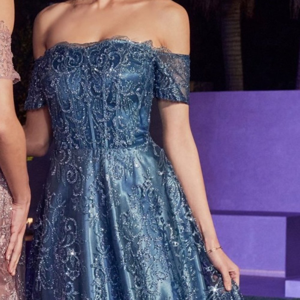 N/A NEW LONG OFF THE SHOULDER EMBROIDERED DRESS WITH GLITTER PRINT A-LINE J835